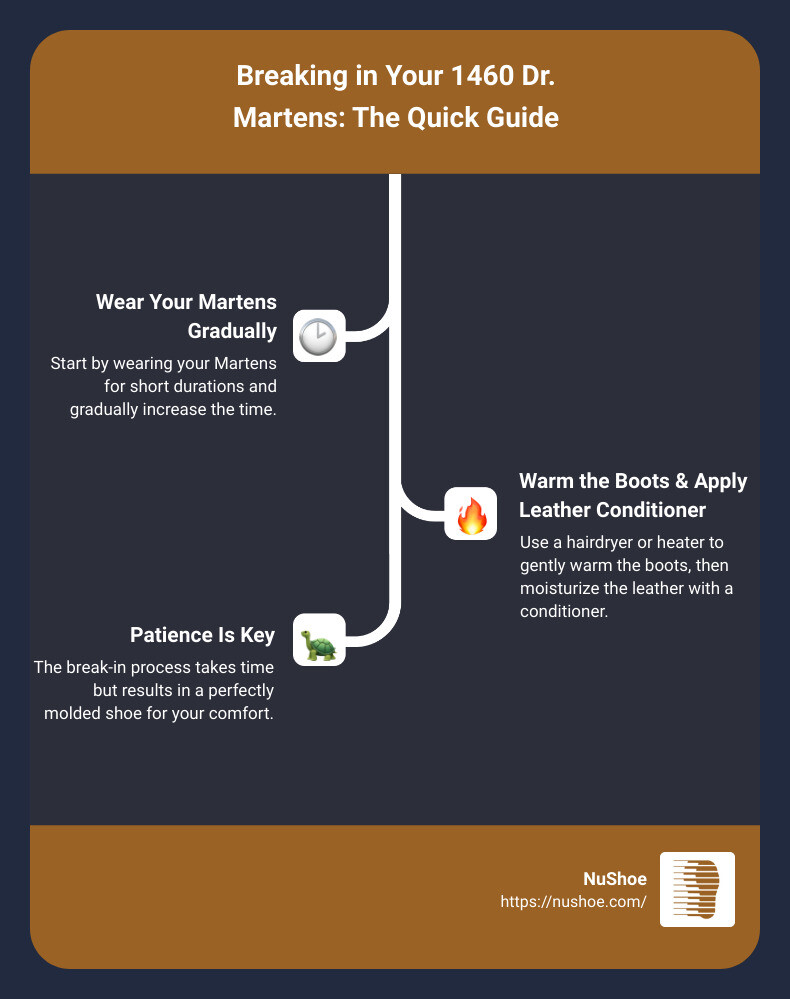 Infographic showing the break-in process for 1460 Dr. Martens - how to break in 1460 dr martens infographic infographic-line-3-steps